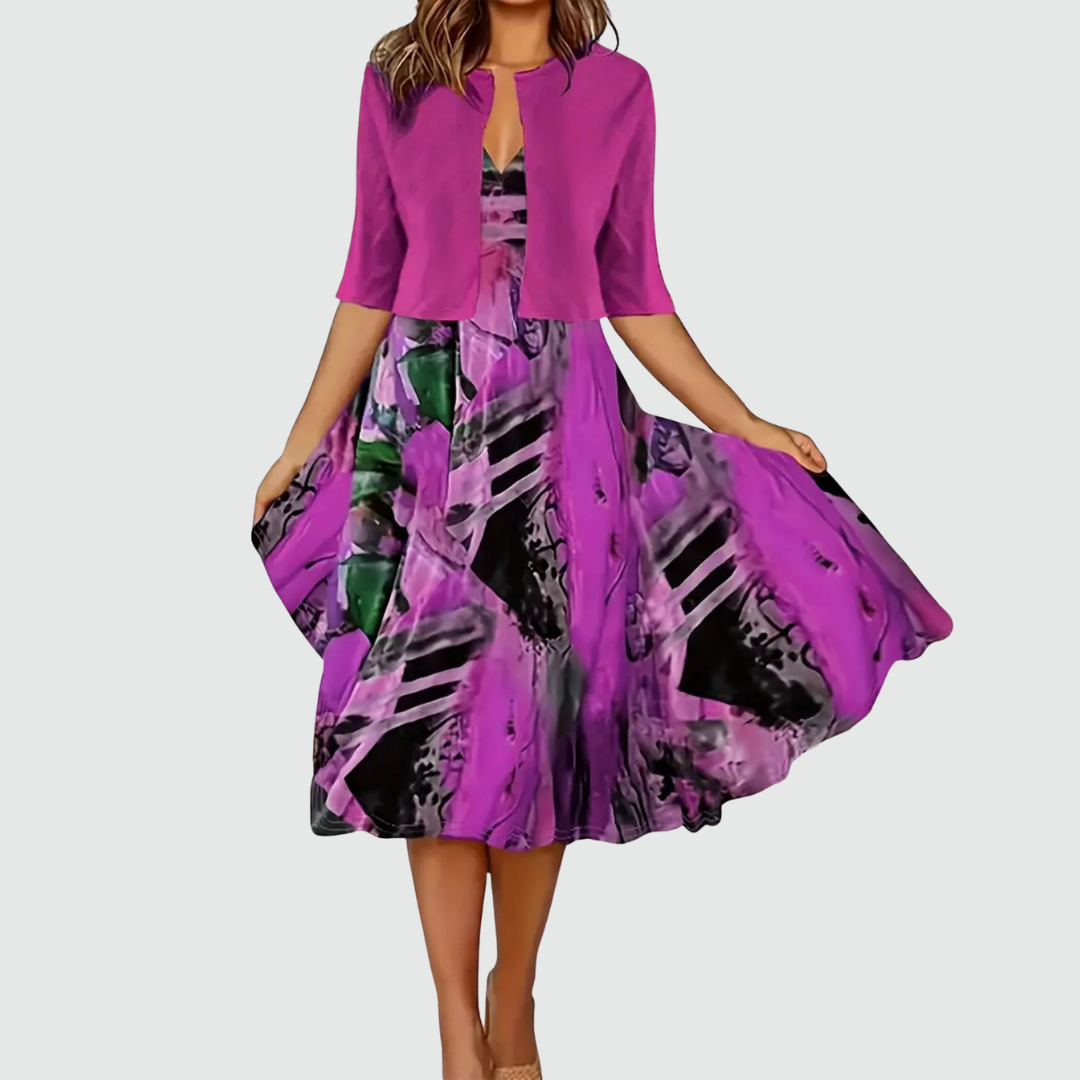 Phaeline - Printed Midi Dress and Cardigan Set