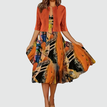 Phaeline - Printed Midi Dress and Cardigan Set