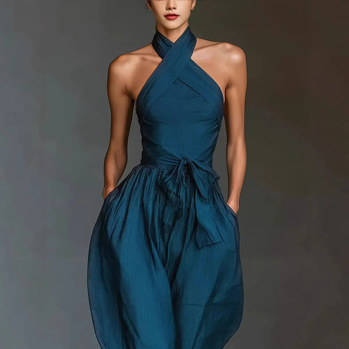 Evaria - Cross Halter Wide Leg Jumpsuit