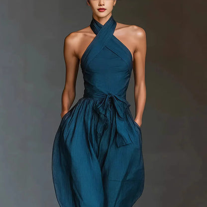 Evaria - Cross Halter Wide Leg Jumpsuit