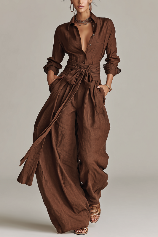 Primalyn - Lightweight Button-Up Top & Wide-Leg Pants Set