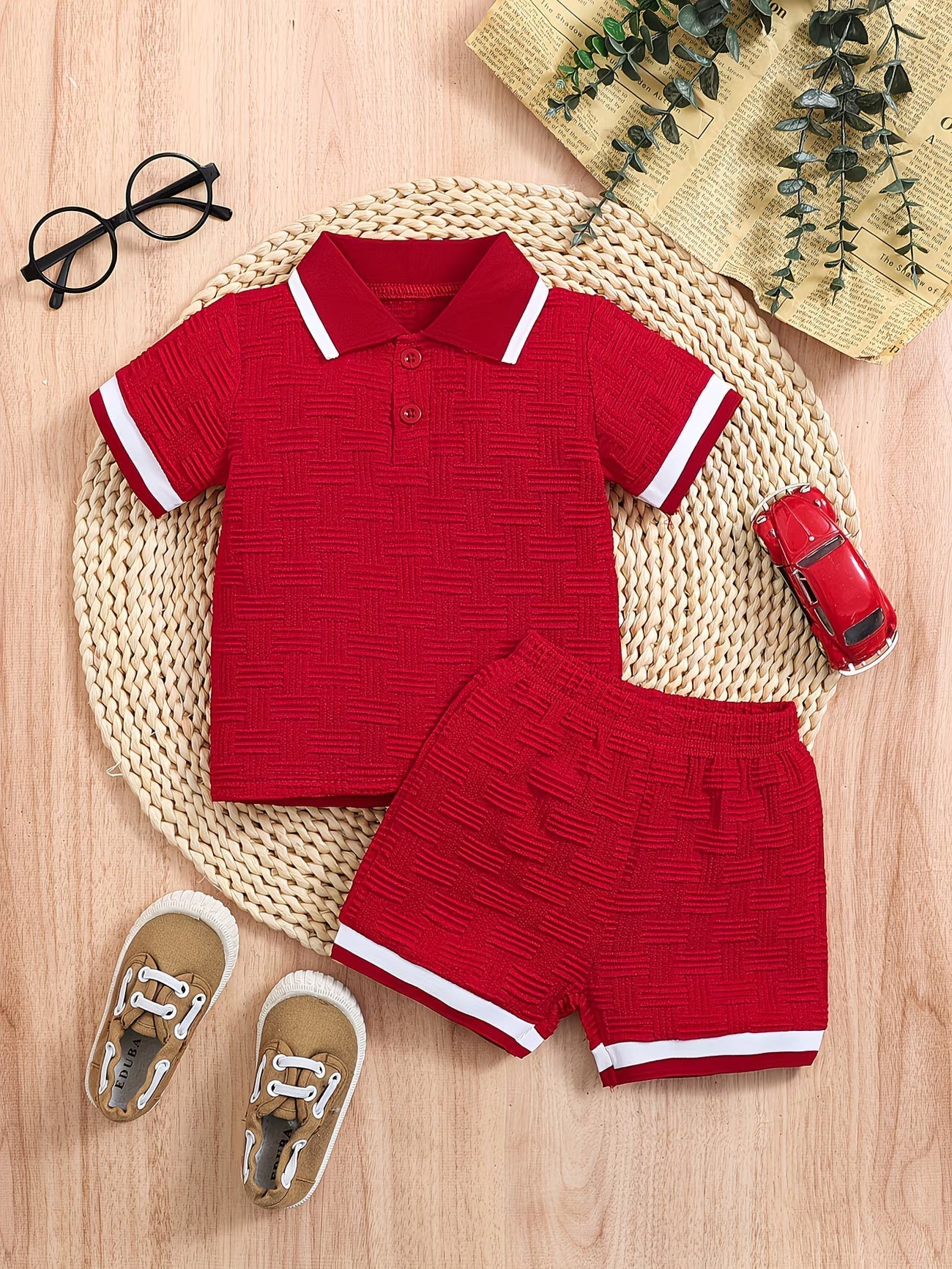 Basil - Textured Polo Shirt & Shorts Set