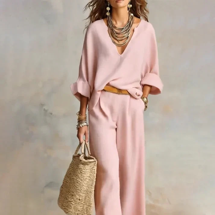 Zelora - Lightweight V-Neck Top & Wide-Leg Pants Set